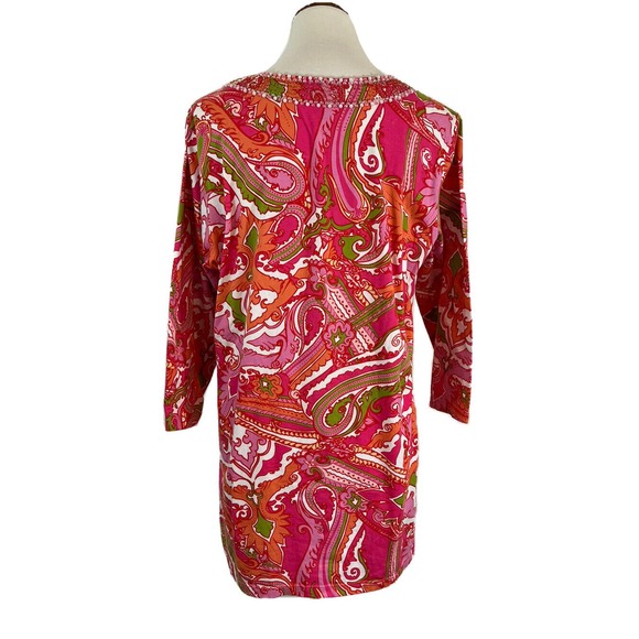 Soft Surroundings Top Pink Orange Paisley Beaded 3/4 Sleeve Stretch Resort Large - Picture 4 of 5